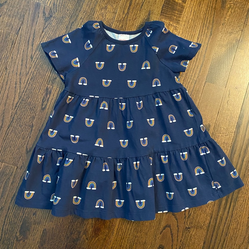 Hanna Andersson 100% cotton shirt dress navy rainbow tiered top size 6/7 (120cm) - Picture 2 of 8